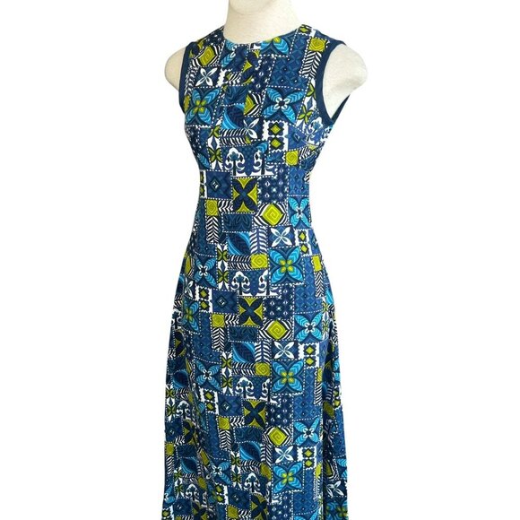 Vintage Handmade Hawaiian Barkcloth Tribal Print Maxi Dress - Picture 2 of 9